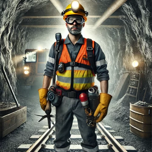 DALL·E 2024-12-02 00.36.17 - A realistic depiction of a worker in a mining environment, wearing full safety gear including a hard hat with a headlamp, reflective vest, gloves, saf